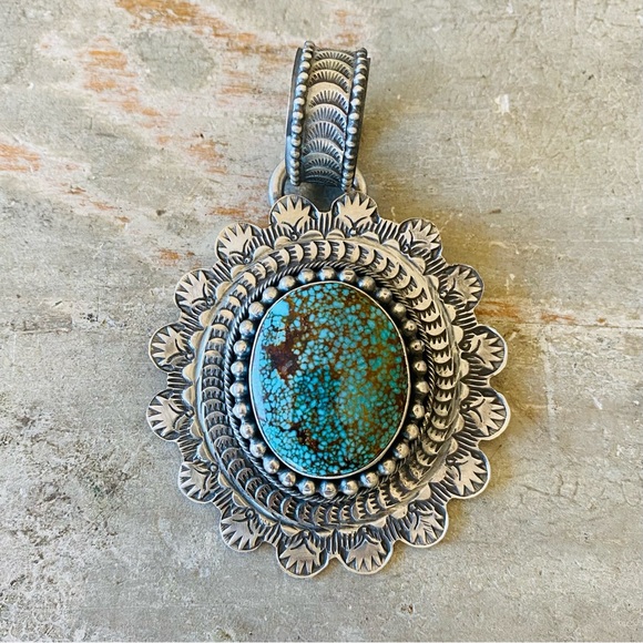 SOLD ♥️ Navajo ♥️ Dustin Francisco Sterling Silver & Kingman Turquoise Pendant - Picture 2 of 8